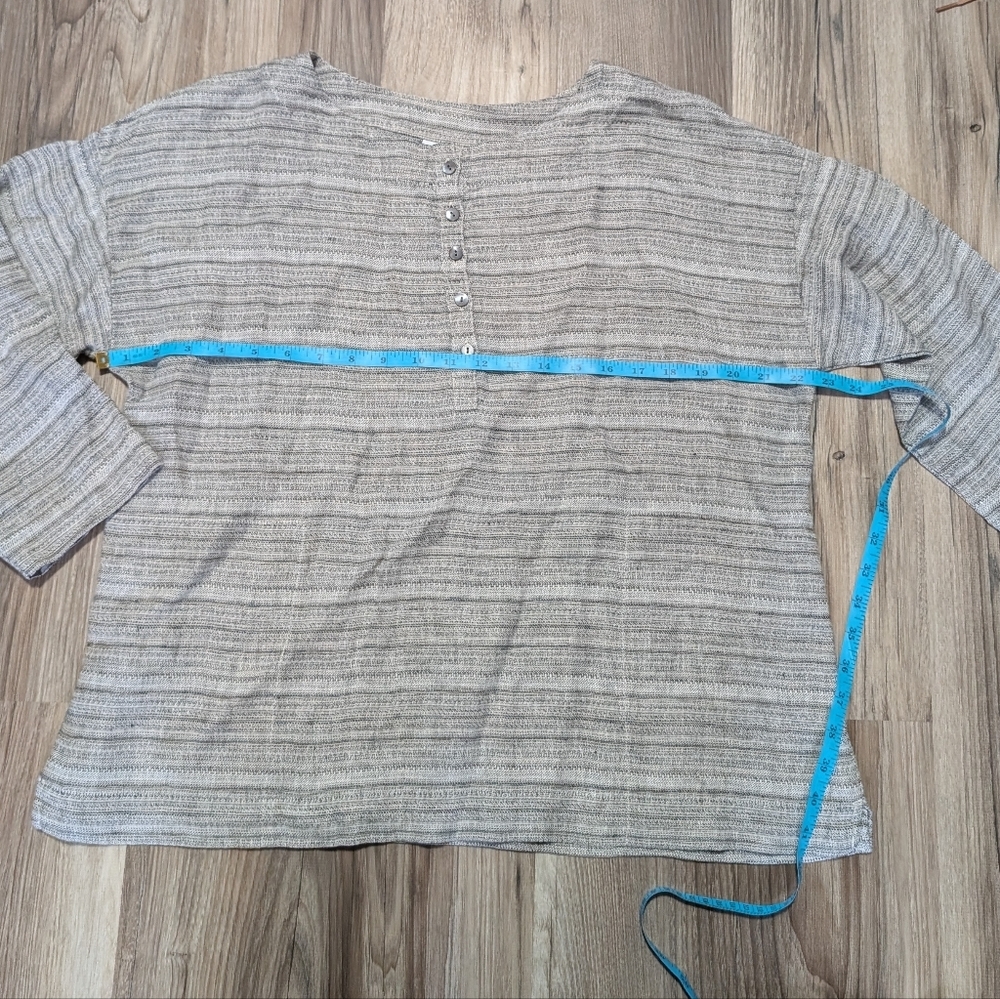 PureJill Women's Medium, 100% Linen, Gray Striped 3/4‎ Sleeve Henley Style Shirt